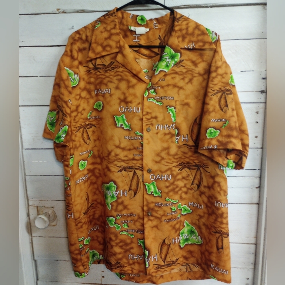 Hawaiian Made in Hawaii Aloha Shirt Size XL Vintage Orange with Hawaiian Islands